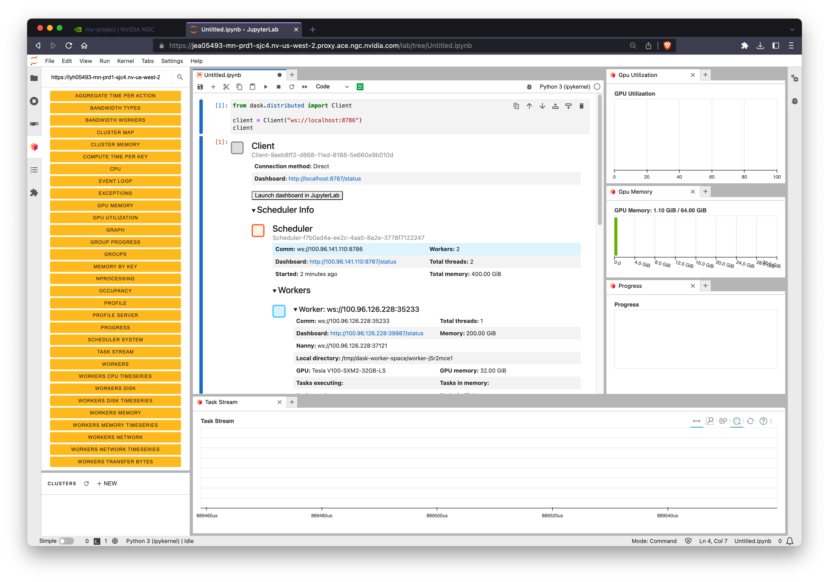 Screenshot of connecting a Dask client in a notebook