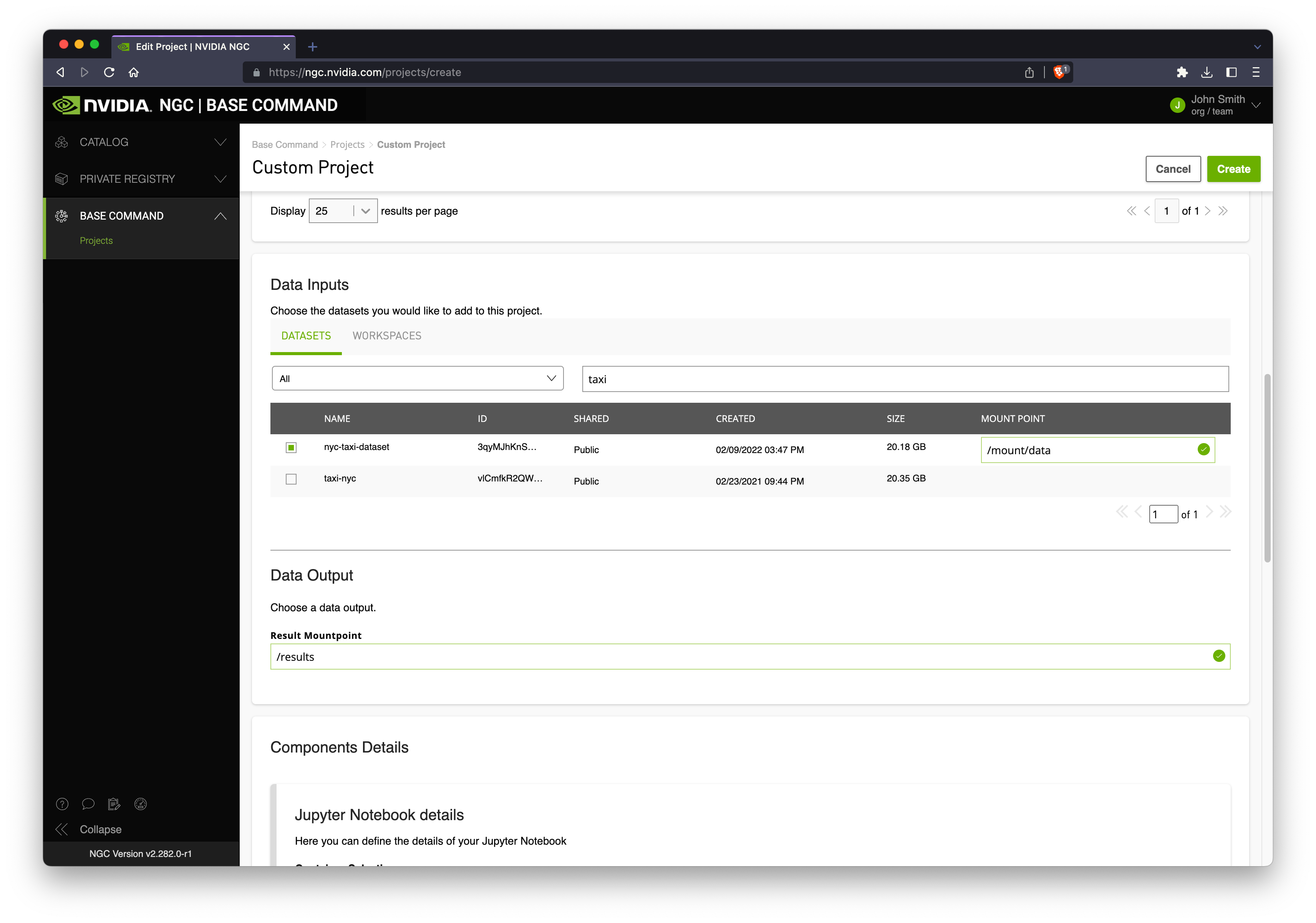 Screenshot of the custom project page with the nyc-taxi dataset selected and a results path set