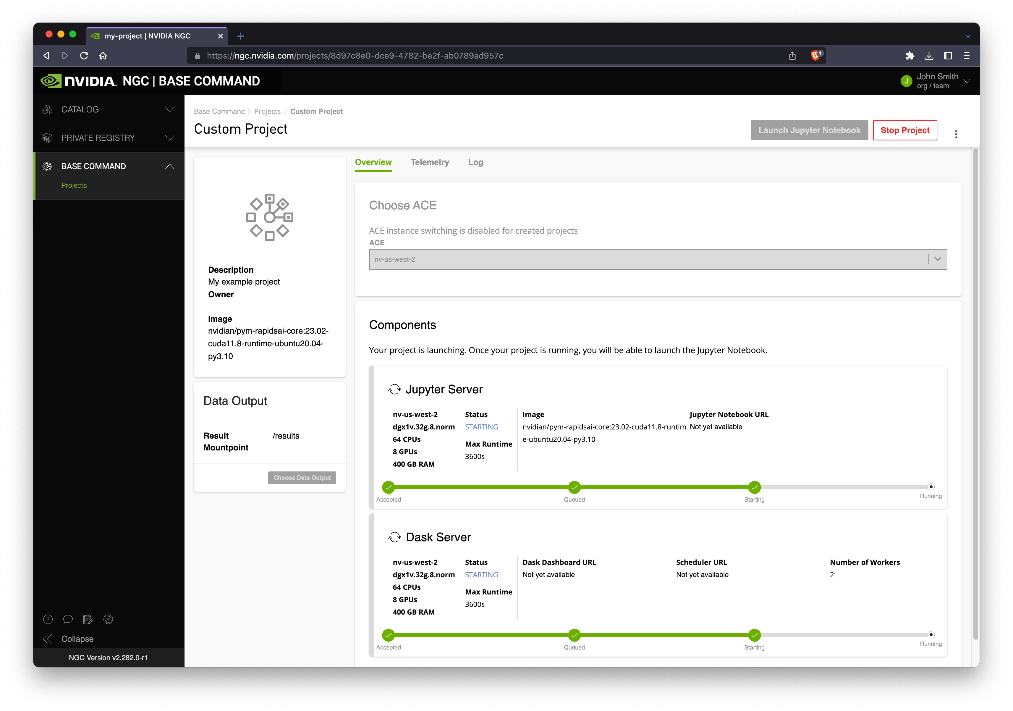 Screenshot of the project status page in a starting phase