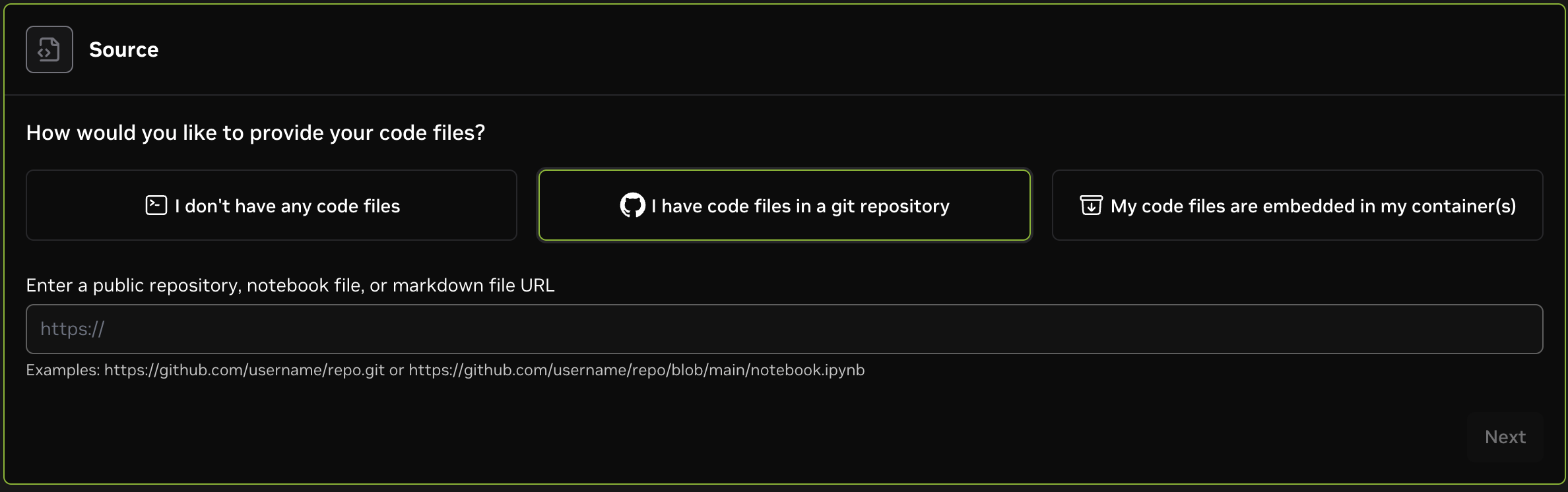 Screenshot of the "Source" UI with "I have code files in a git repository" selected
