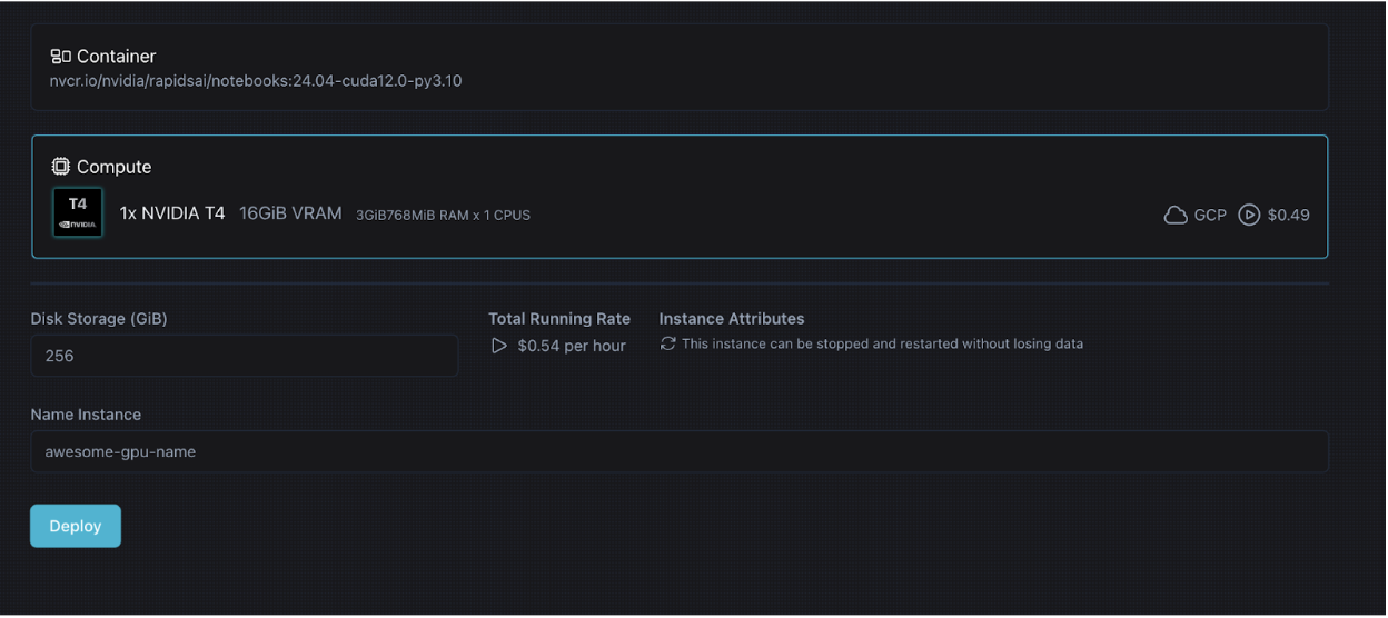 Screenshot of the instance creation summary screen with the deploy button highlighted