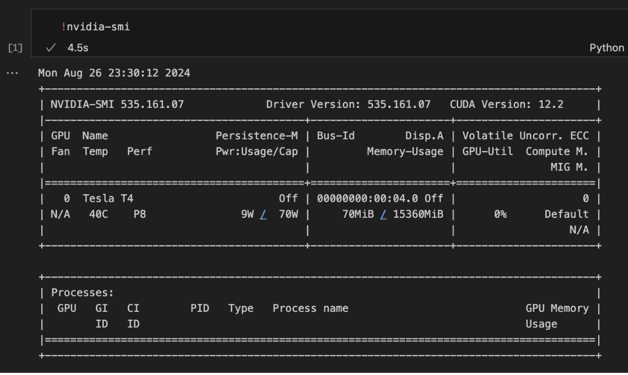 Screenshot of a notebook terminal running the command nvidia-smi and showing the NVIDIA T4 GPU in the output