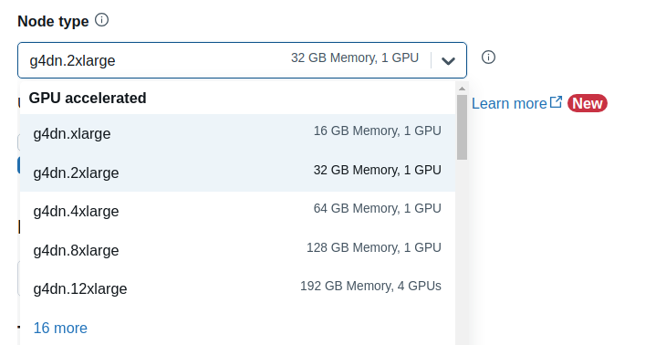 Screenshot of selecting a g4dn.xlarge node type