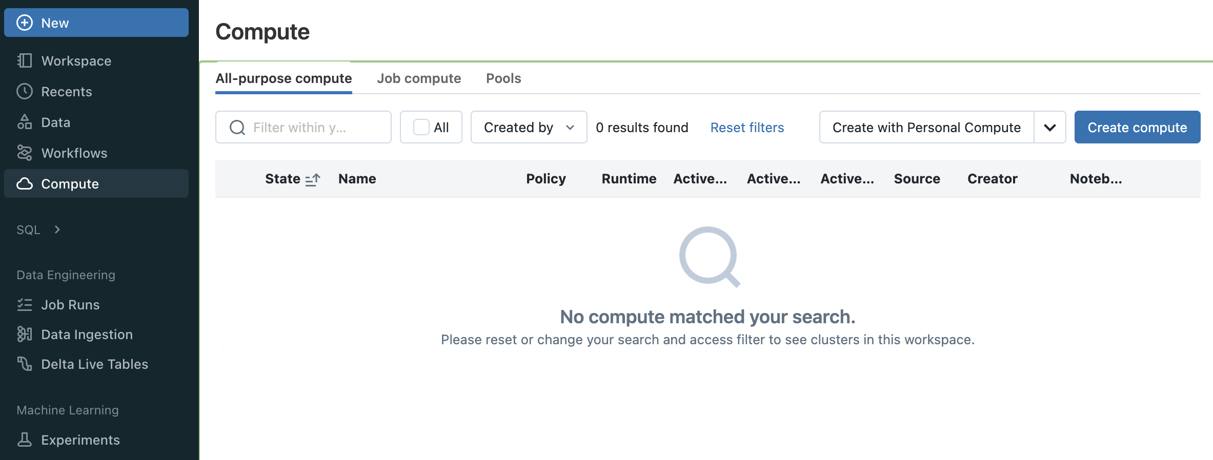 Screenshot of the Databricks compute page