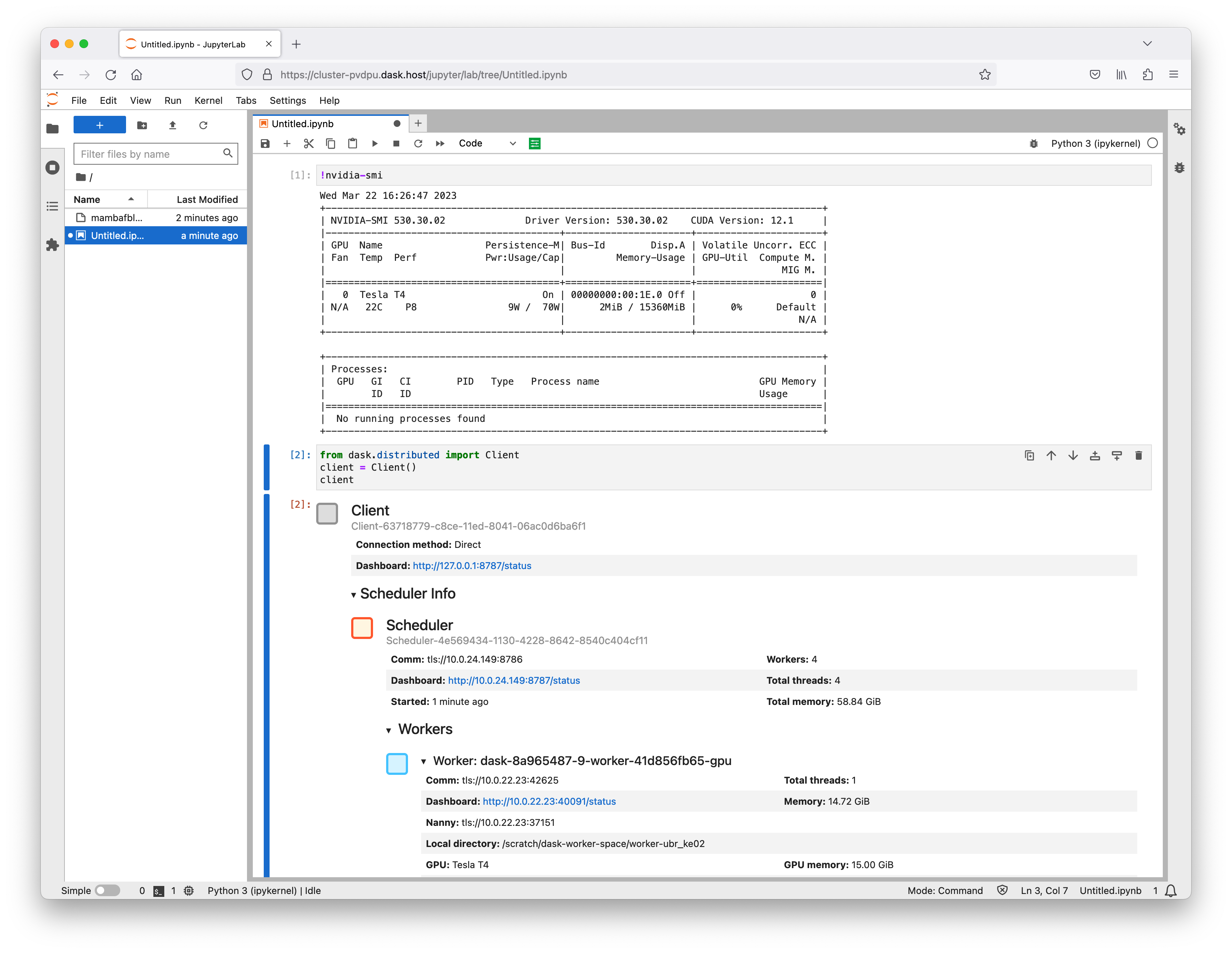 Screenshot of Jupyter Lab running on a Coiled Dask Cluster with GPUs