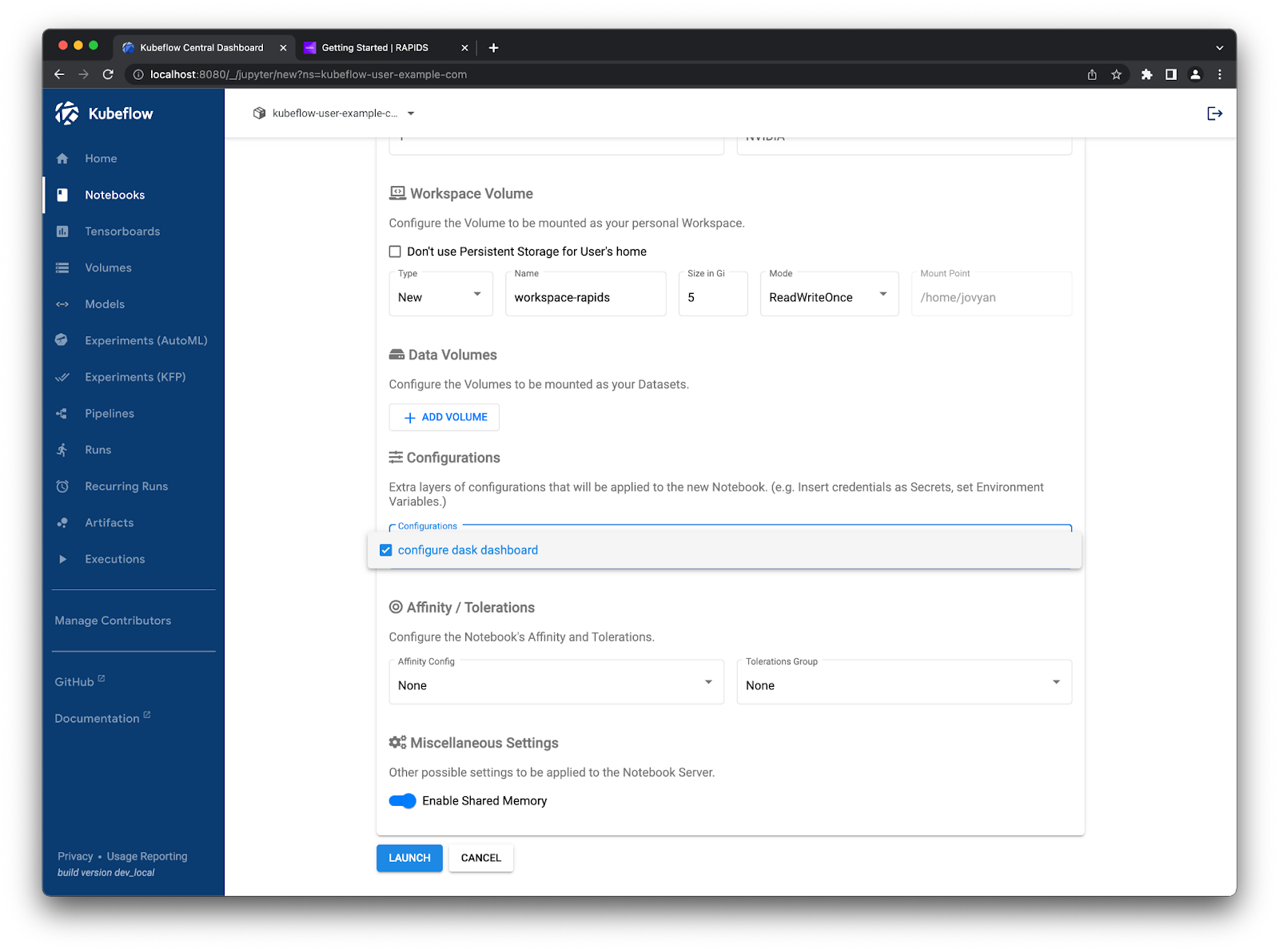 Screenshot of the Kubeflow new notebook form with the “configure dask dashboard” configuration option selected