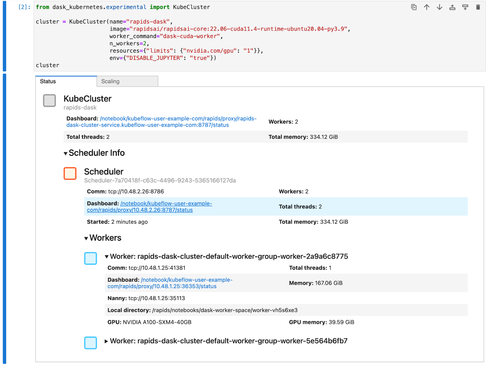 Screenshot of the Dask cluster widget in Jupyter Lab showing two workers with A100 GPUs