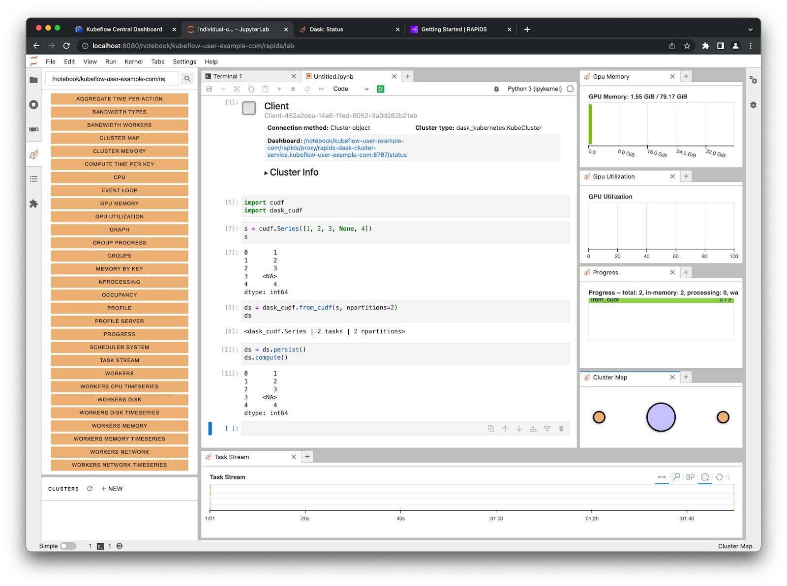 Screenshot of Jupyter Lab with the Dask Lab extension open on the left and various Dask plots arranged on the screen