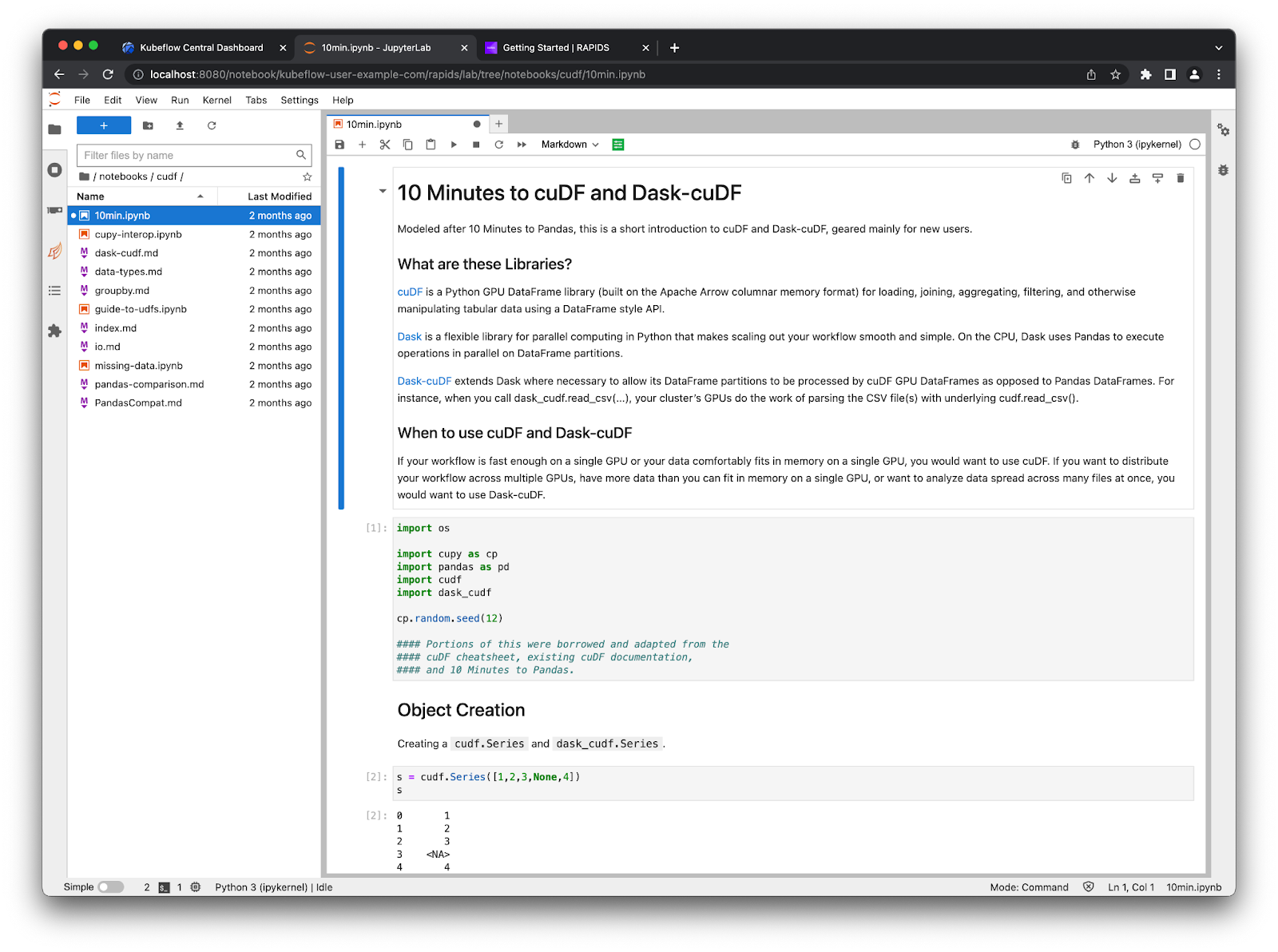 Screenshot of Jupyter Lab with the “10 minutes to cuDF and dask-cuDF” notebook open