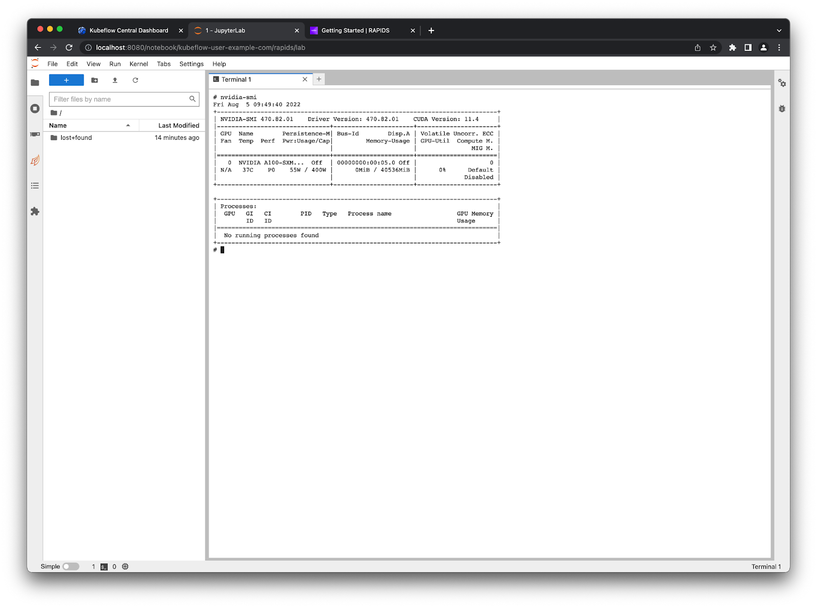 Screenshot of a terminal open in Juputer Lab with the output of the nvidia-smi command listing one A100 GPU