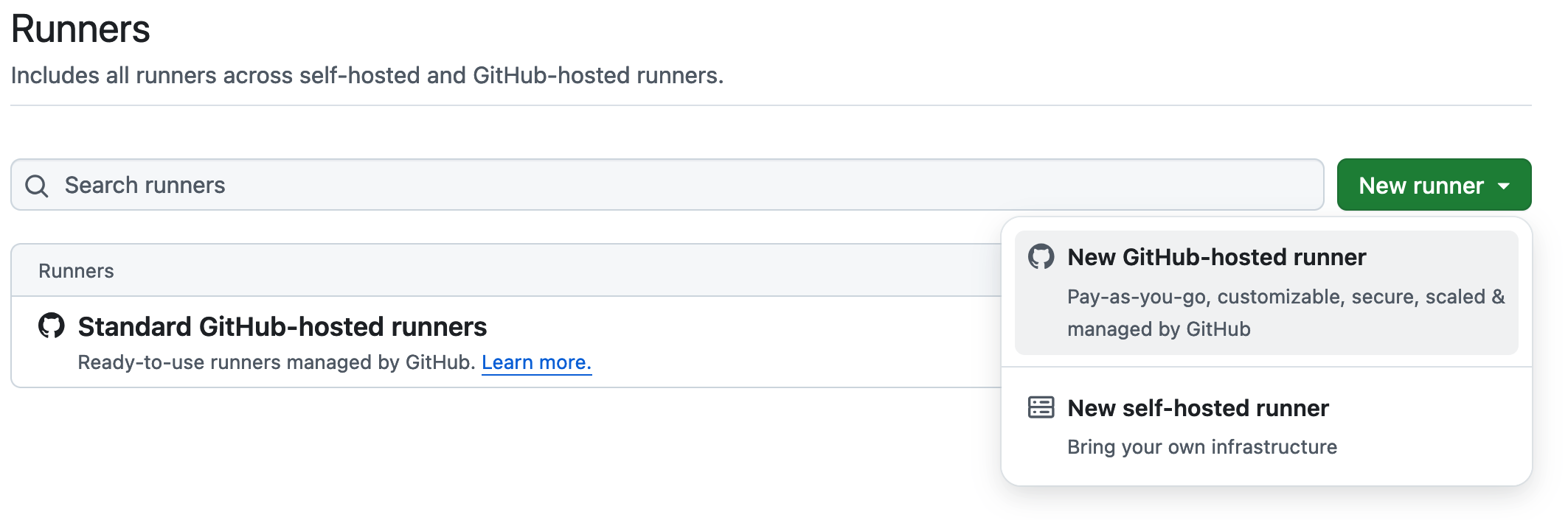 Screenshot of the GitHub Actions runner configuration page with the new runner button highlighted