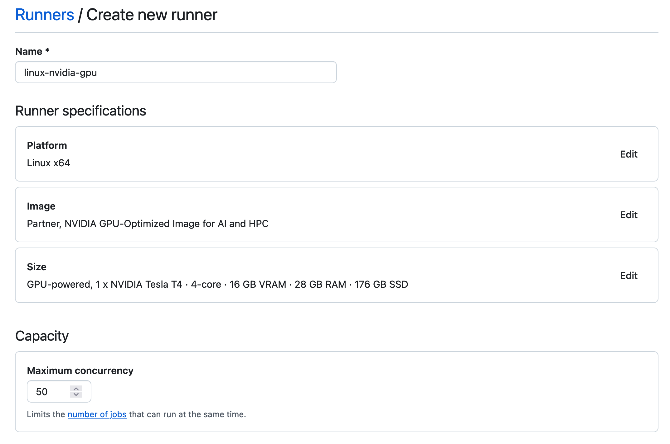 Screenshot of the GitHub Actions runner configuration page a new GPU runner configured