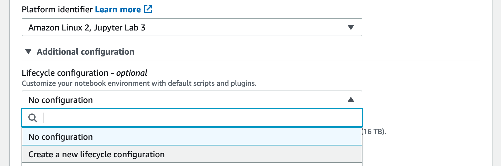 Screenshot of the create lifecycle configuration screen