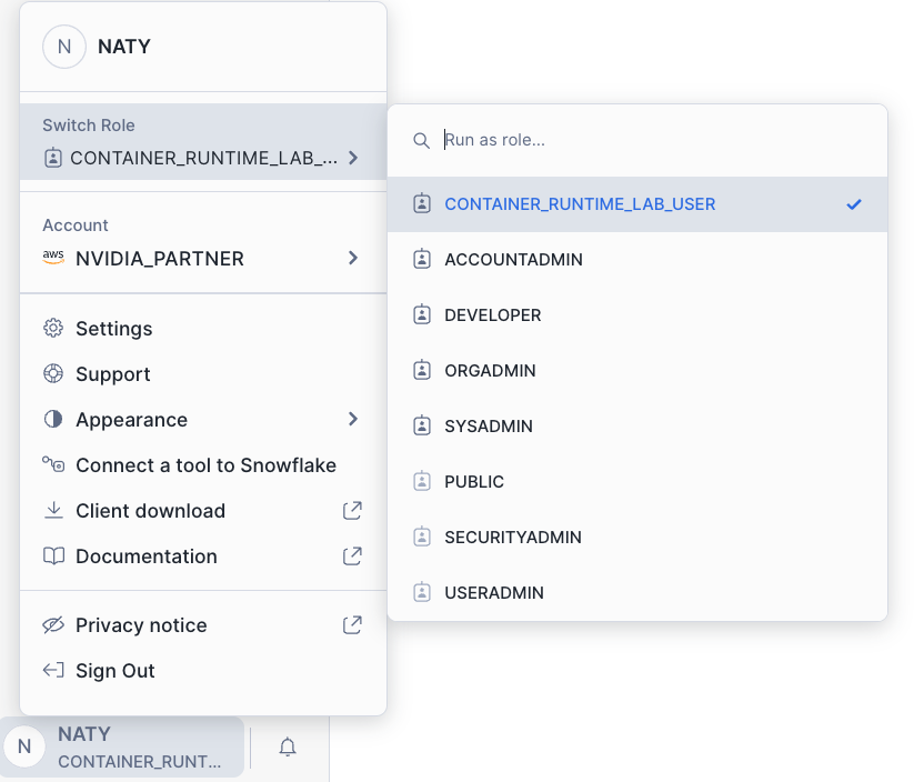 Screenshot of how to switch role to container_runtime_lab_user