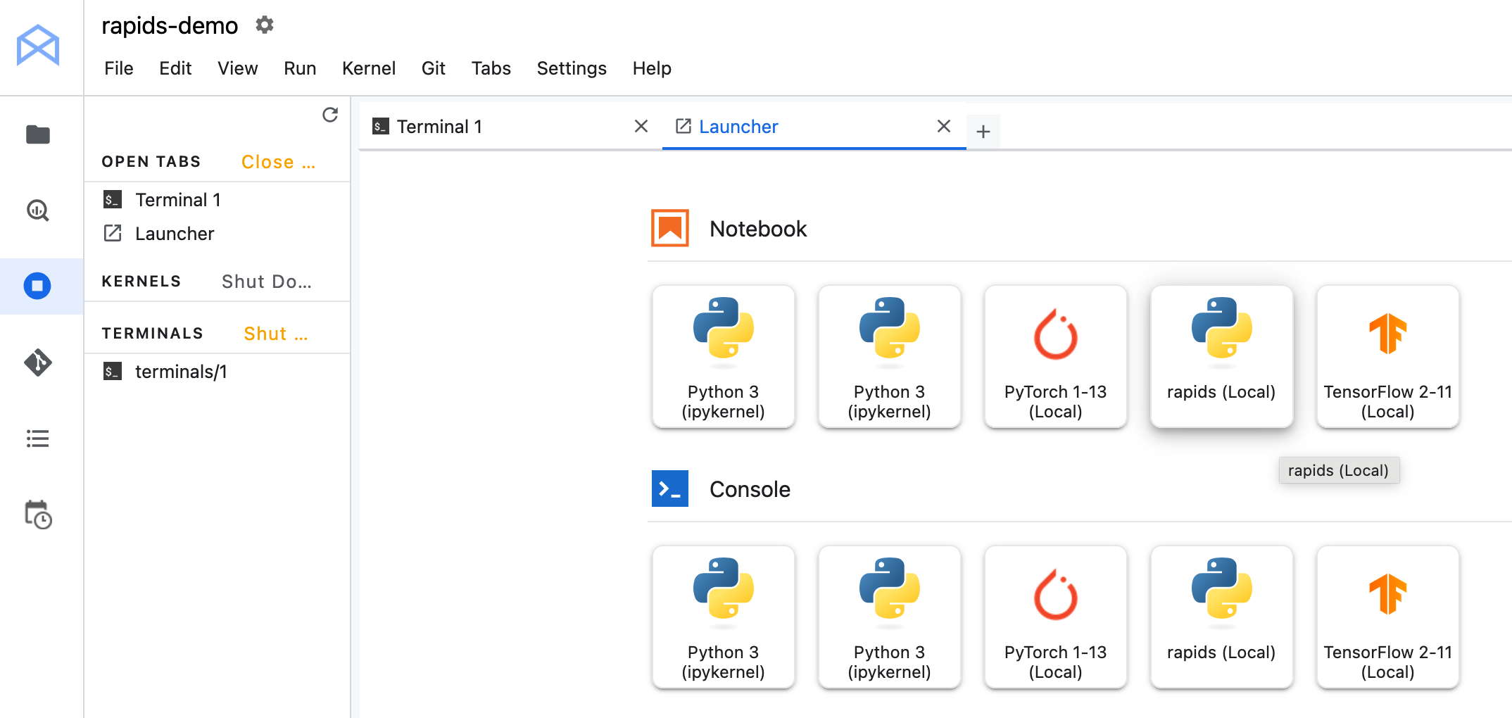 Screenshot of the Jupyter Lab launcher showing the RAPIDS kernel