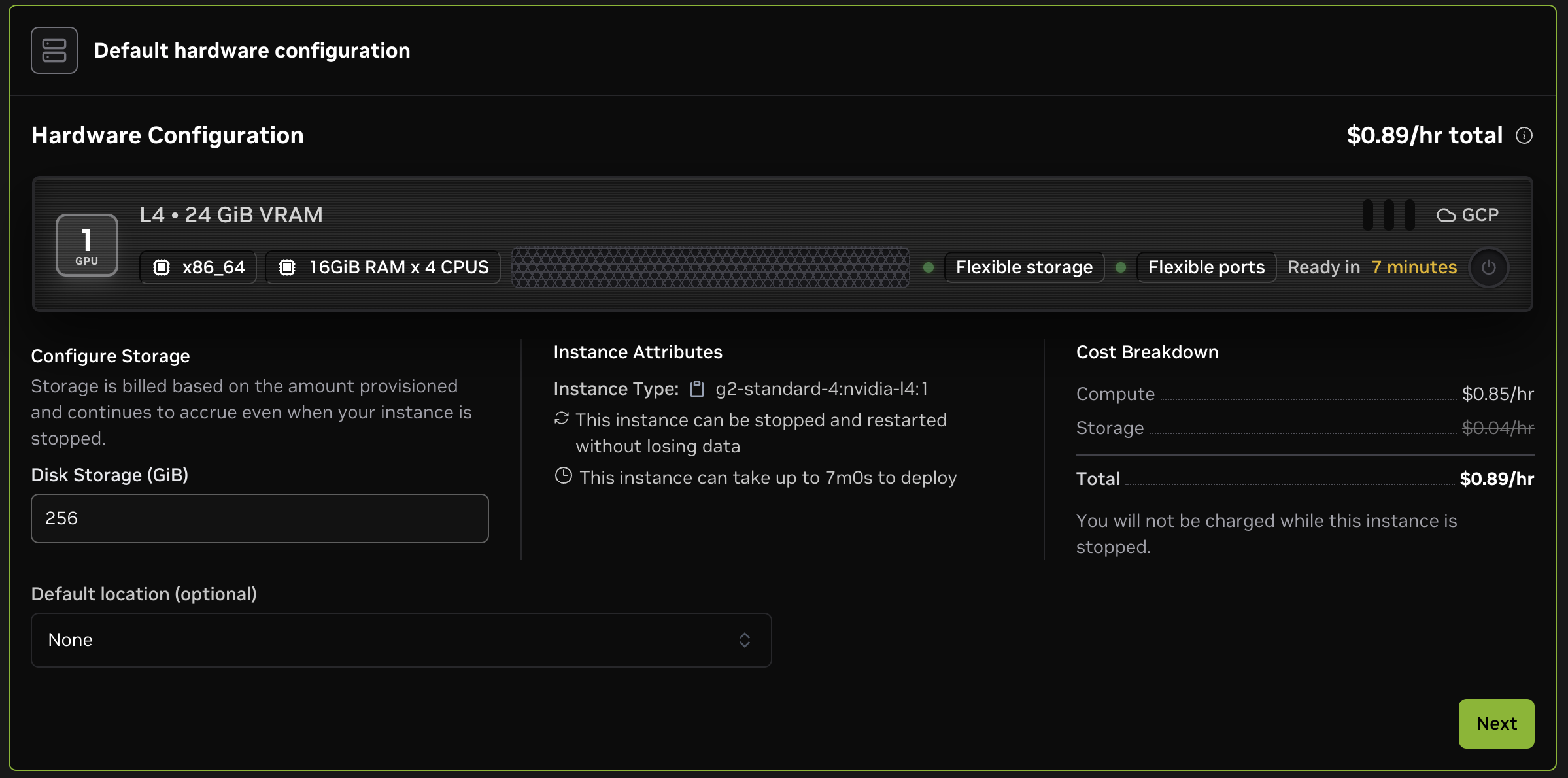 Screenshot of the "Default hardware configuration" UI