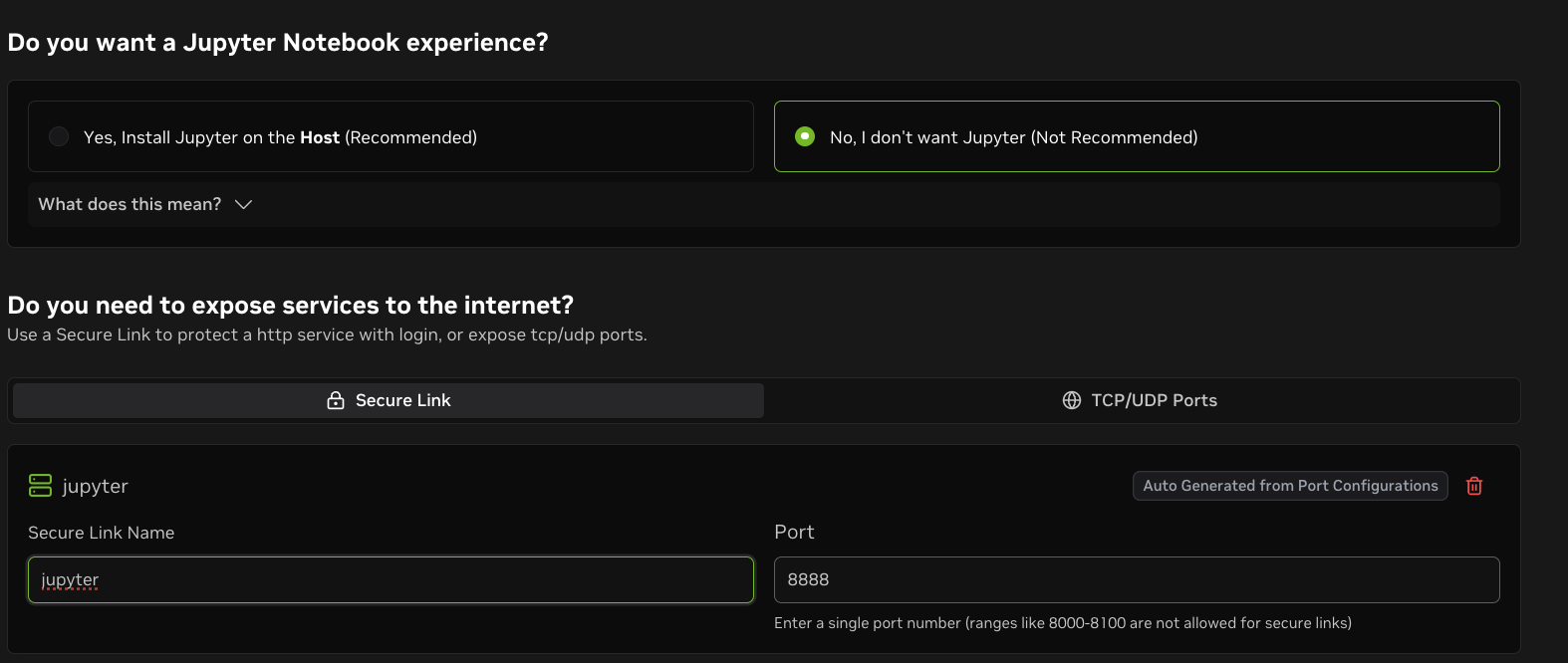 Screenshot showing the Brev launchable Jupyter experience setup