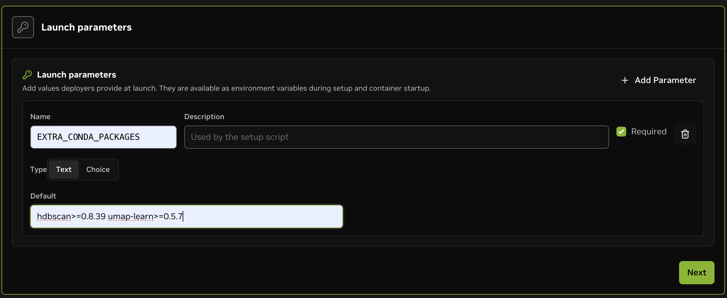 Screenshot of the "Launch parameters" UI with an EXTRA_CONDA_PACKAGES parameter