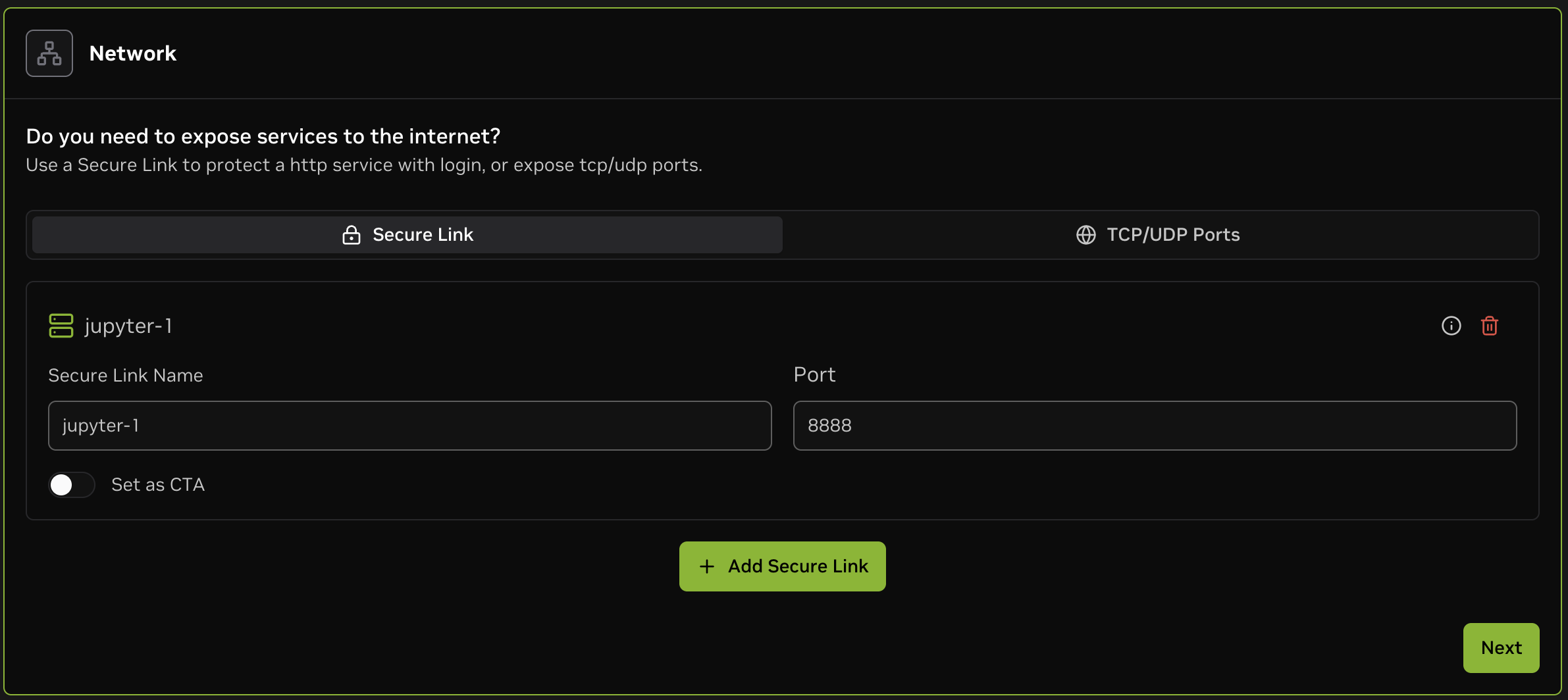 Screenshot of the "Network" UI with a Secure Link on port 8888