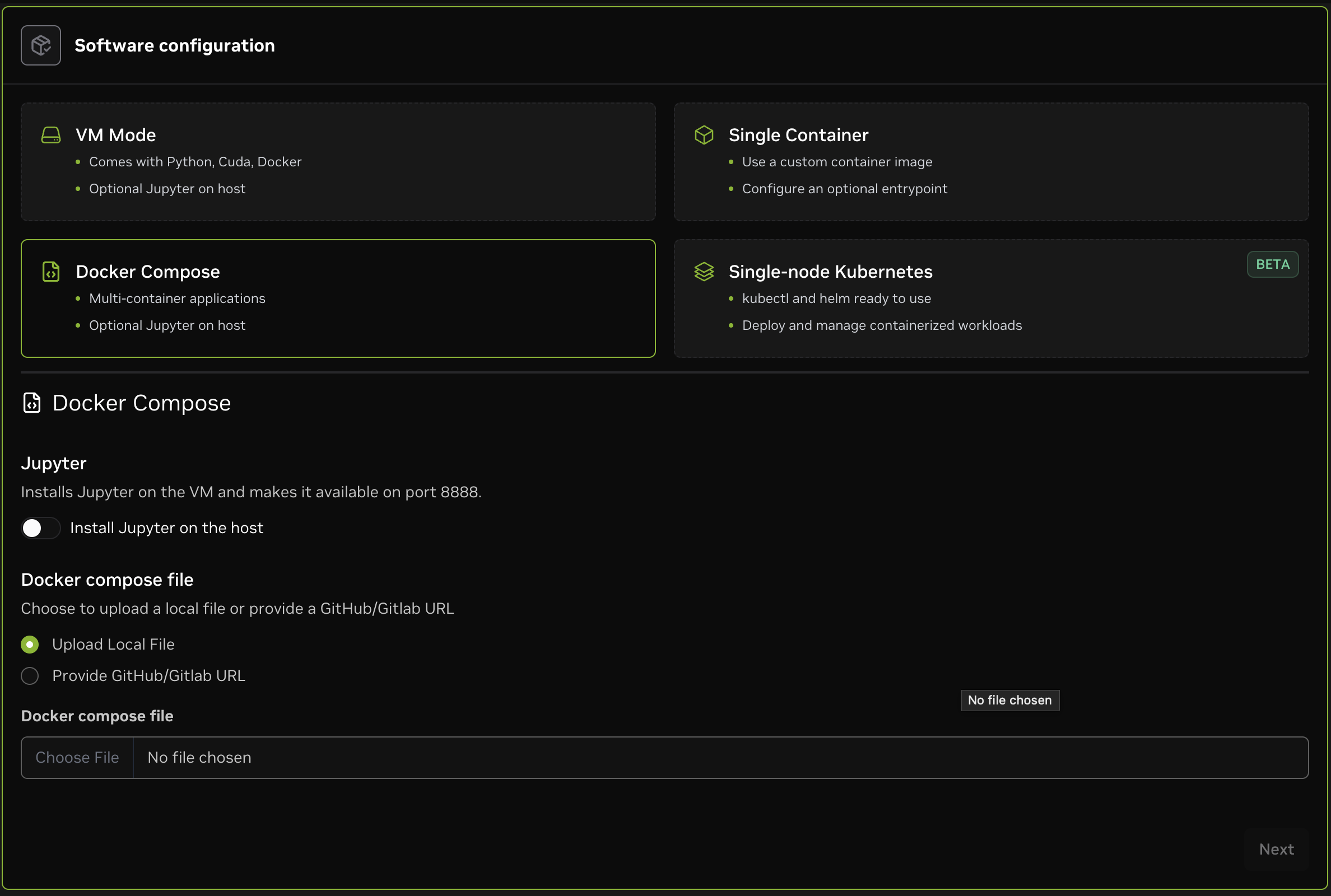 Screenshot of the "Software configuration" UI with "Docker Compose" selected