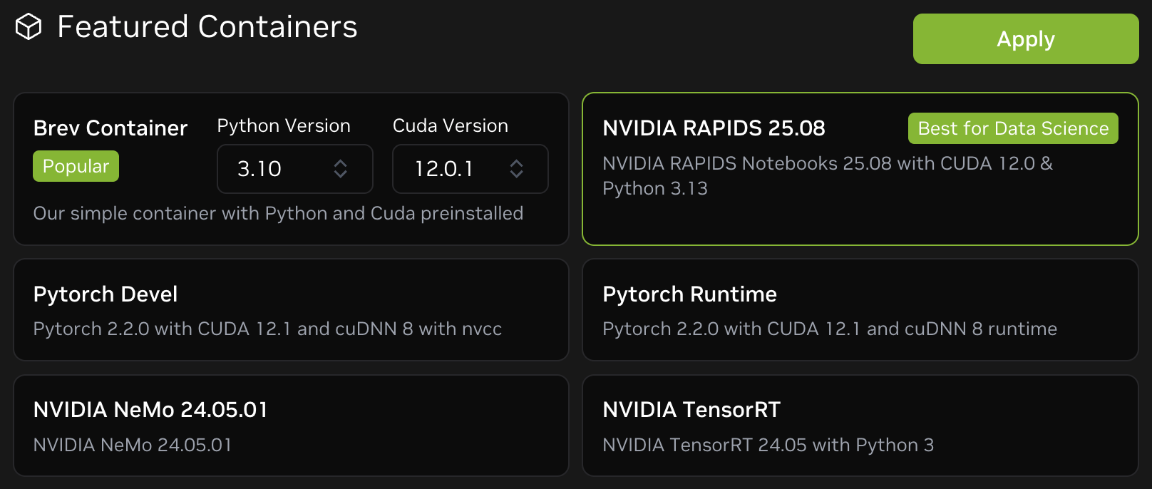 Screenshot showing the "NVIDIA RAPIDS" container highlighted