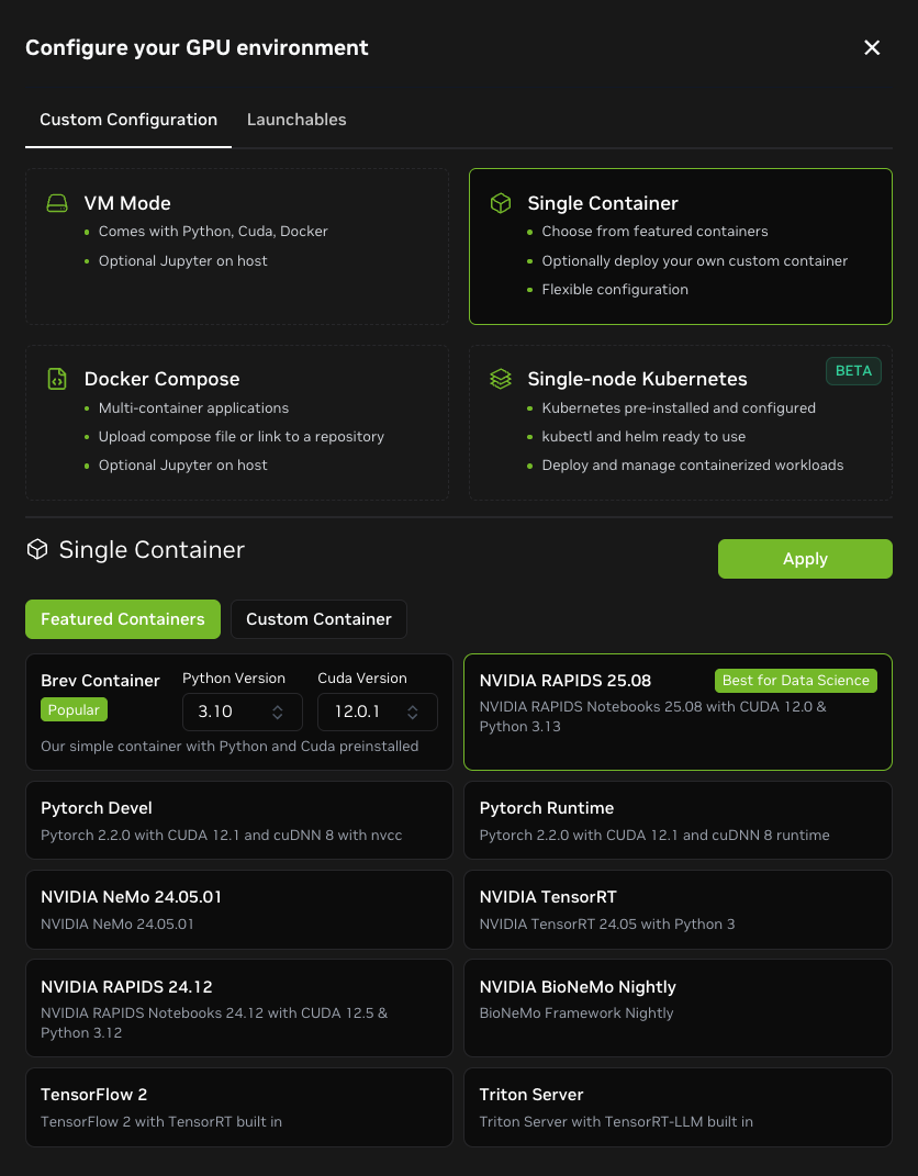 Screenshot showing "Single Container" highlighted