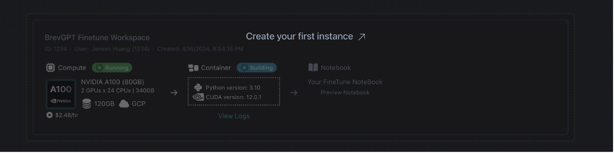 Screenshot of the "Create your first instance" UI