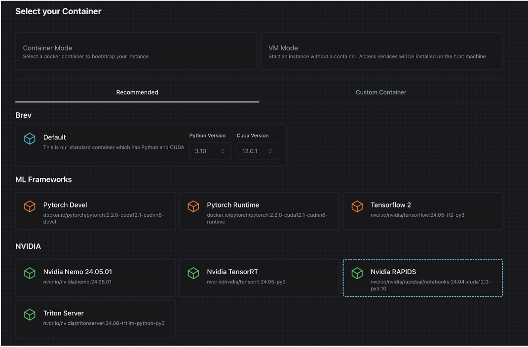 Screenshot showing the "NVIDIA RAPIDS" container highlighted