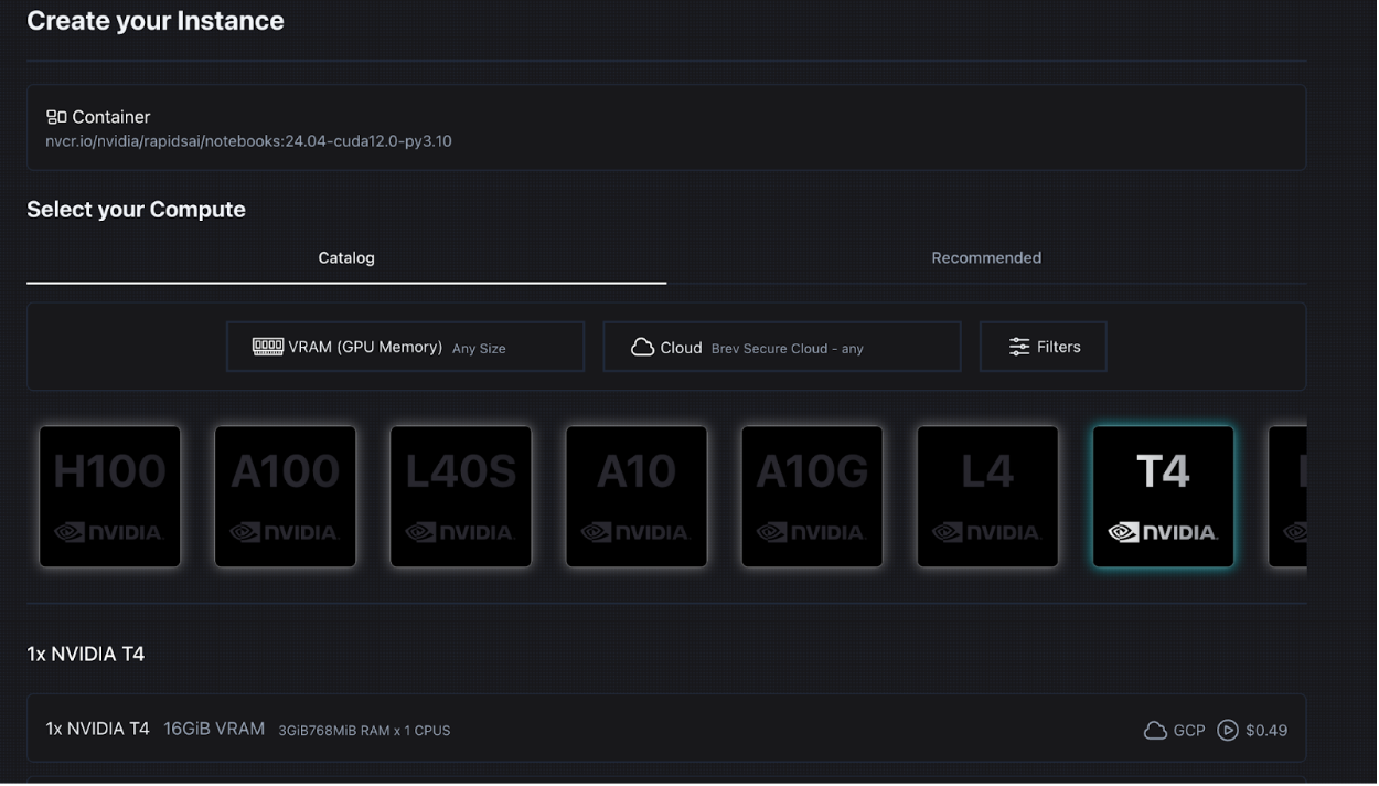 Screenshot of the "Create your Instance" UI with an NVIDIA T4 GPU highlighted