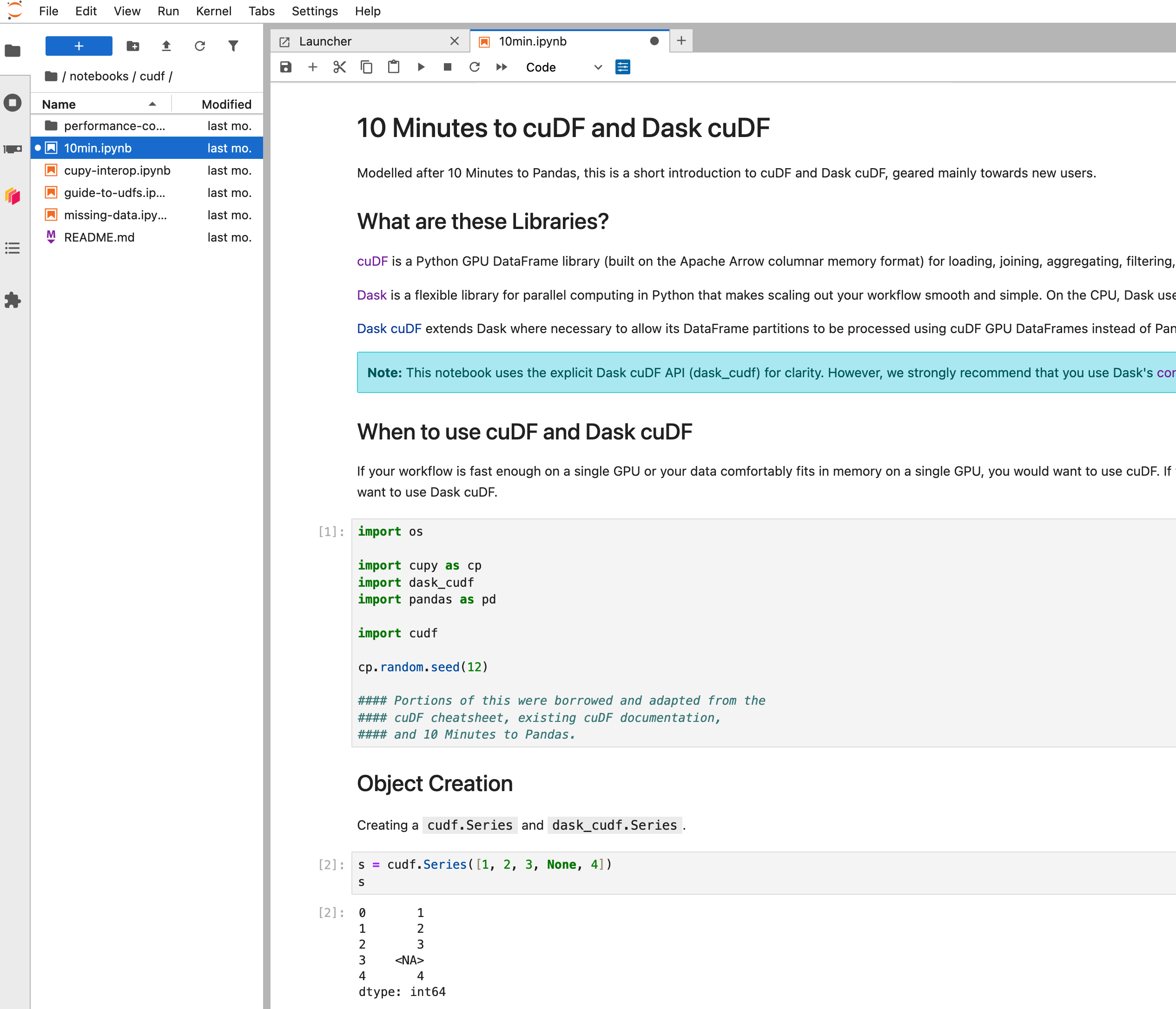 Screenshot of Jupyterlab running on Coiled executing some cudf GPU code