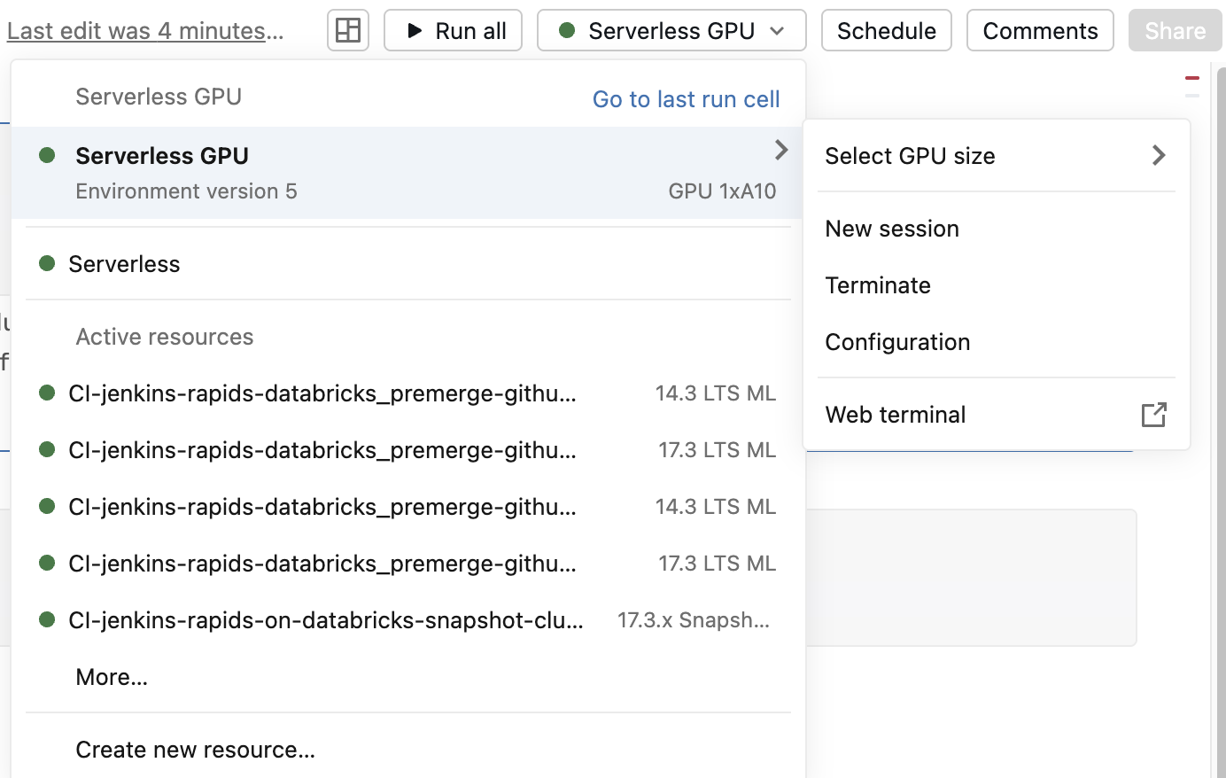 Screenshot of selecting Serverless GPU from the notebook compute dropdown