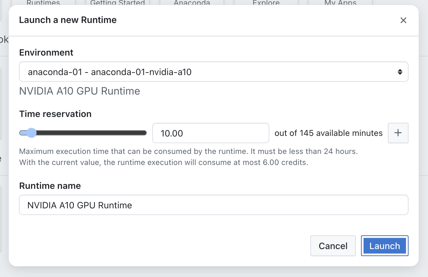 Screenshot of the "runtime selector" UI with the NVIDIA A10g environment selected