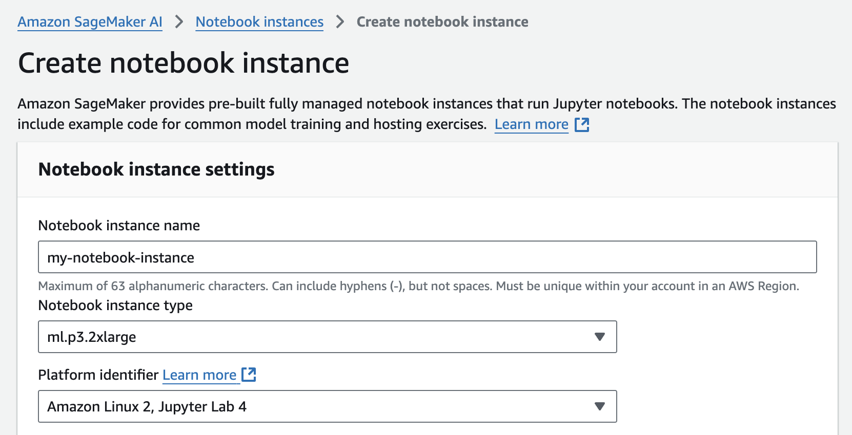 Screenshot of the create new notebook screen with a ml.p3.2xlarge selected