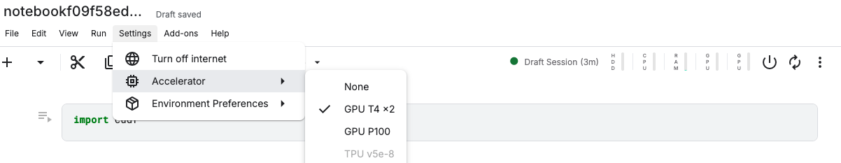 Kaggle notebook Settings menu showing the available GPU accelerators