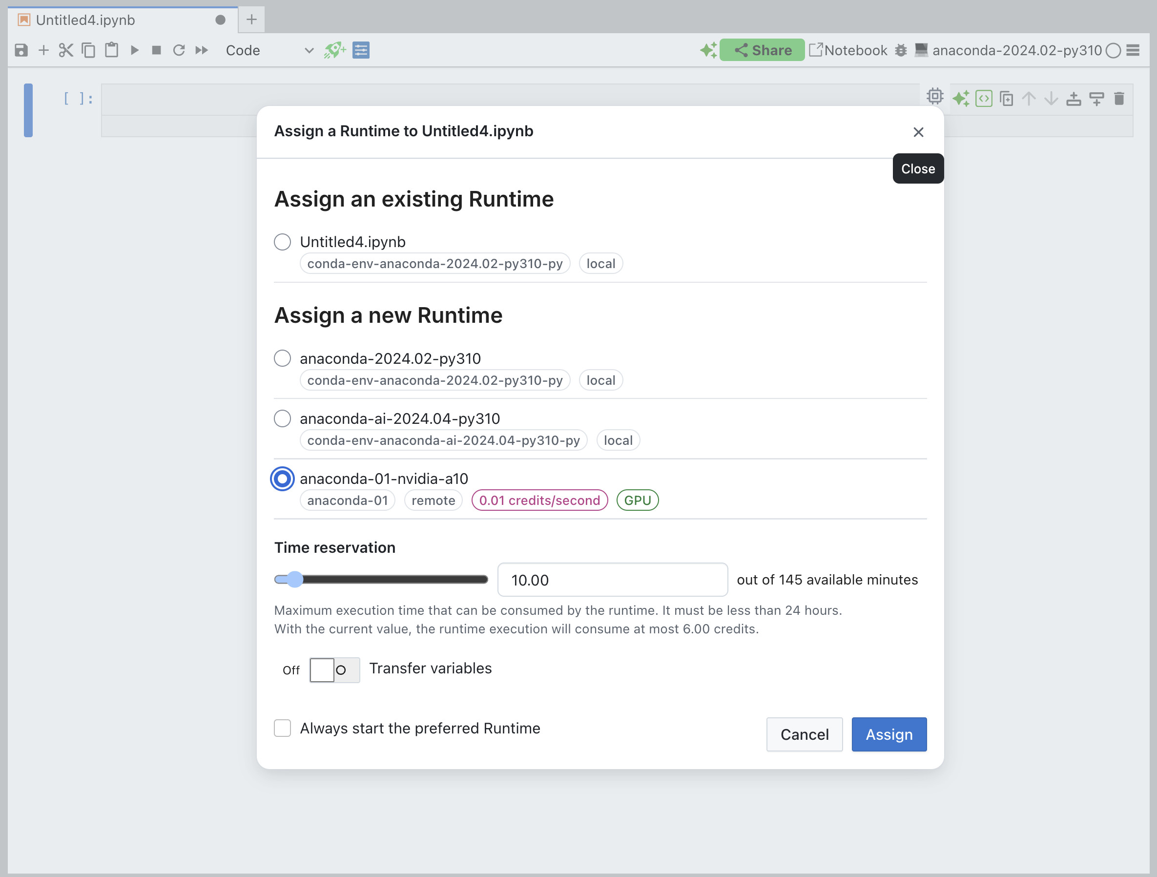 Screenshot of the "notebook runtime" UI with the NVIDIA A10g environment selected
