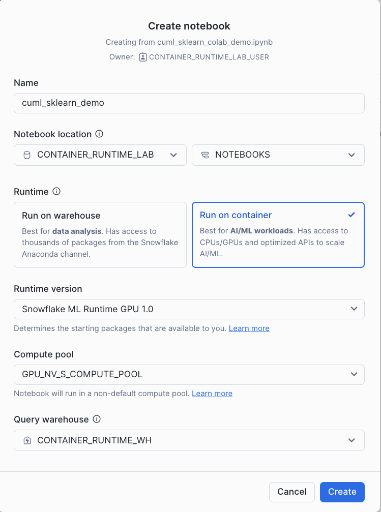 Screenshot of Notebook creation setup